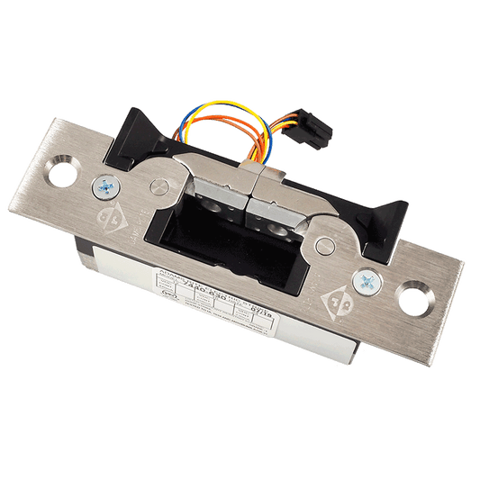 Adams Rite 7440 electric strike with a brushed stainless faceplate and a short wiring lead ending in a connector